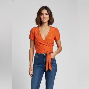 Zara Basic Orange Wrap Short Sleeve Top Size Large